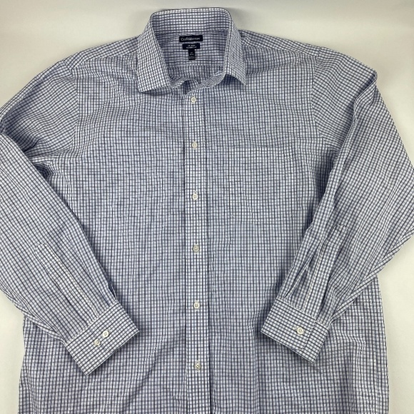 Croft & Barrow Button Up Shirt Mens 17 34/35 No Iron Classic Fit Blue Plaid - Picture 1 of 8